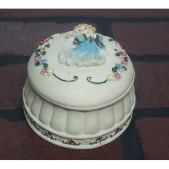 VTG 2001 trinket box angel little girl jewelry box resin ivory blue pink Oval - Picture 6 of 9